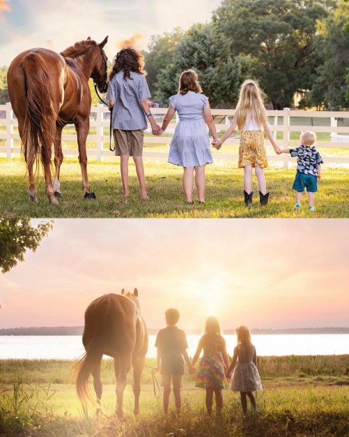 Two photographs stacked: the same children walking away with a horse, taken four years apart